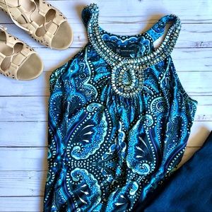 INC Blue paisley halter top with rhinestones
